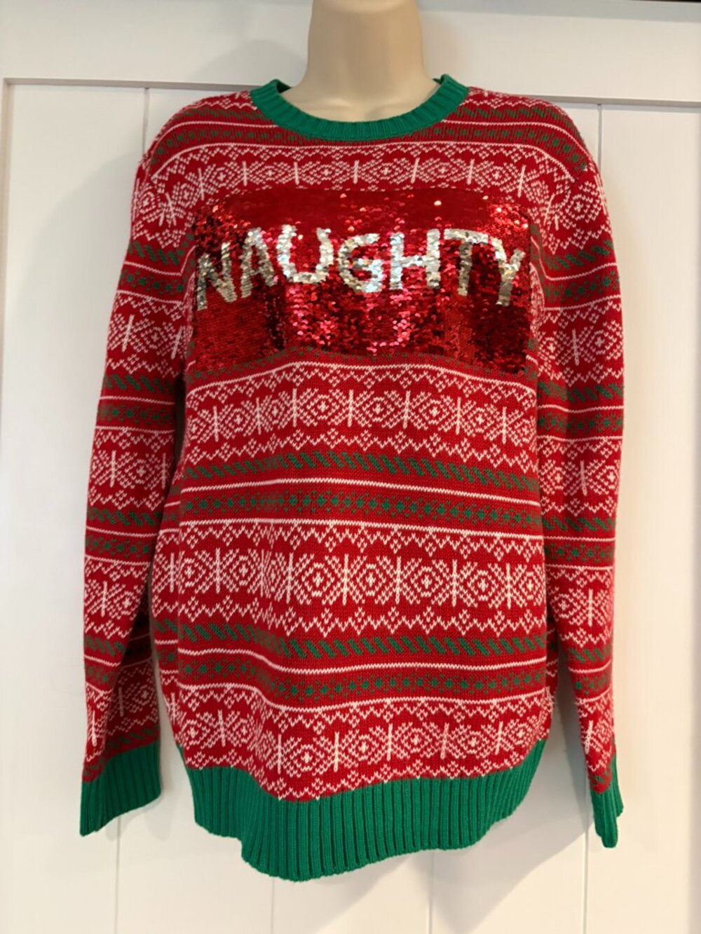 33 Degrees Ugly Christmas Sweater Red Green Naughty Nice Sequin, Mens Small